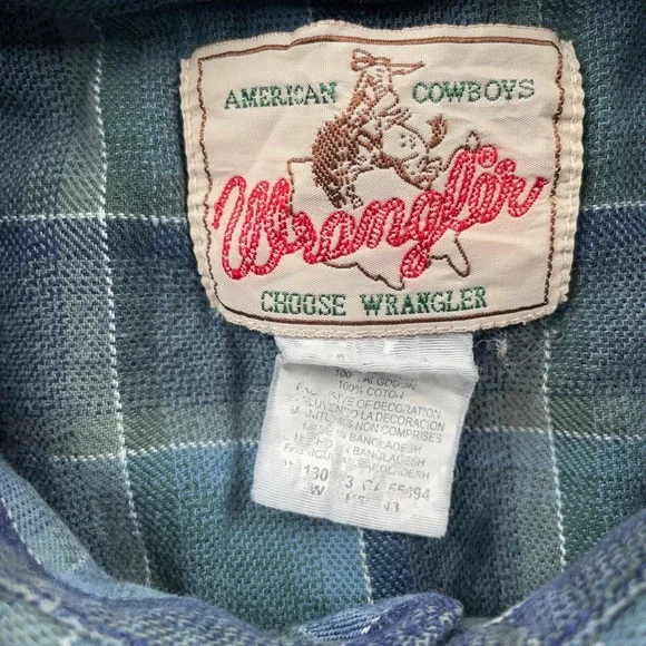 Wrangler Shirt Mens Medium Blue Green Plaid Western Pearl Snap Long Sleeve - Picture 7 of 9